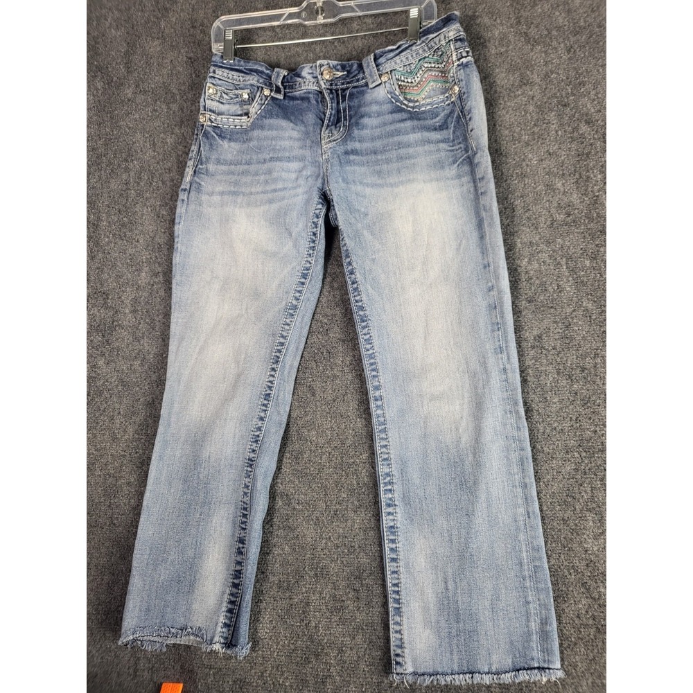 Miss Me Mid Rise Easy Cropped Jeans Women Sz 30 Rhinestone Blue Denim Western